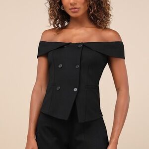 Poised Mindset Black Off-the-Shoulder Button-Front Vest Top